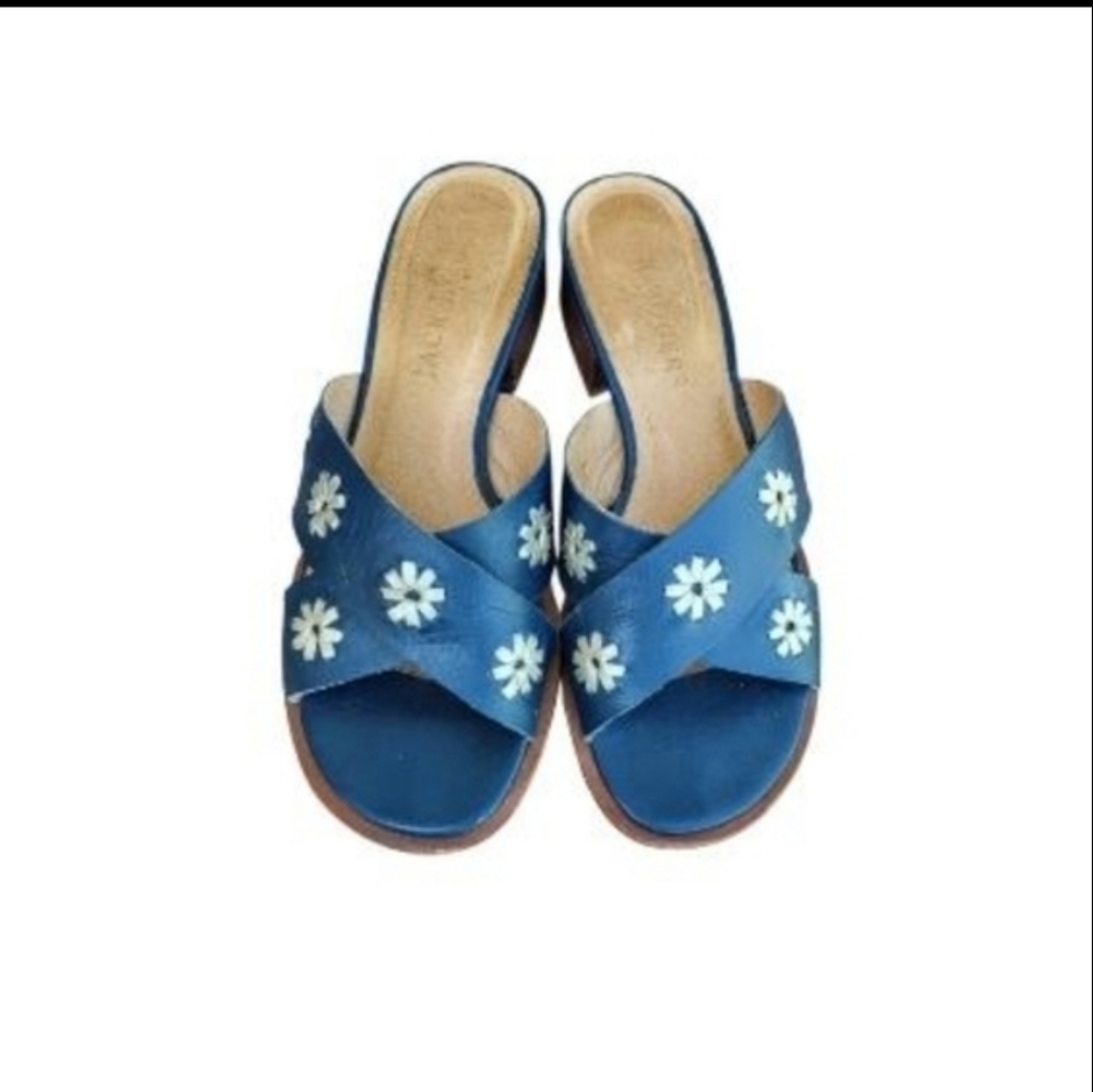 Jack Rogers Navy Blue Tan Leather Daisy Flower Slip On Slide Sandal Women Shoe 8